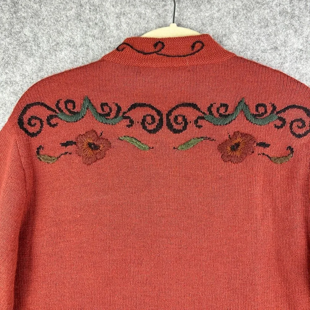 Caamano Sweater Womens L Alpaca Floral Embroidered Full Zip Cardigan Terracotta